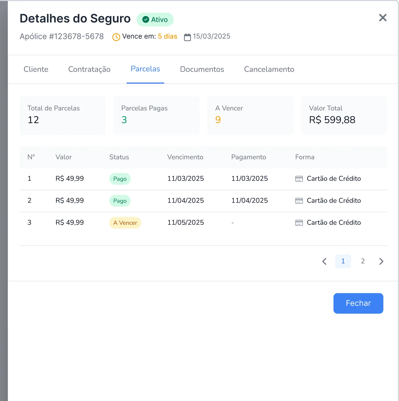 Aba de parcelas com o status de cada pagamento