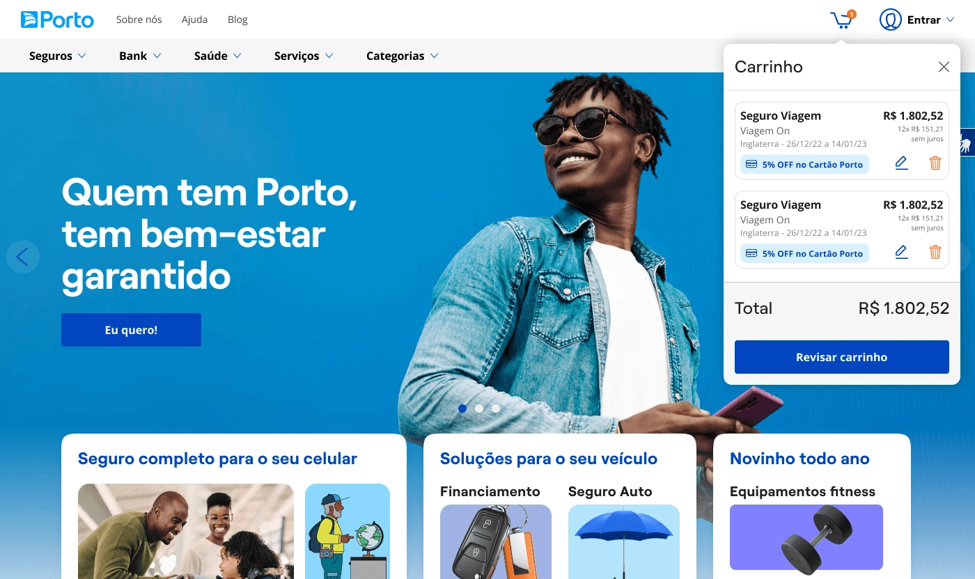 Home do hub no desktop com o carrinho aberto em painel lateral