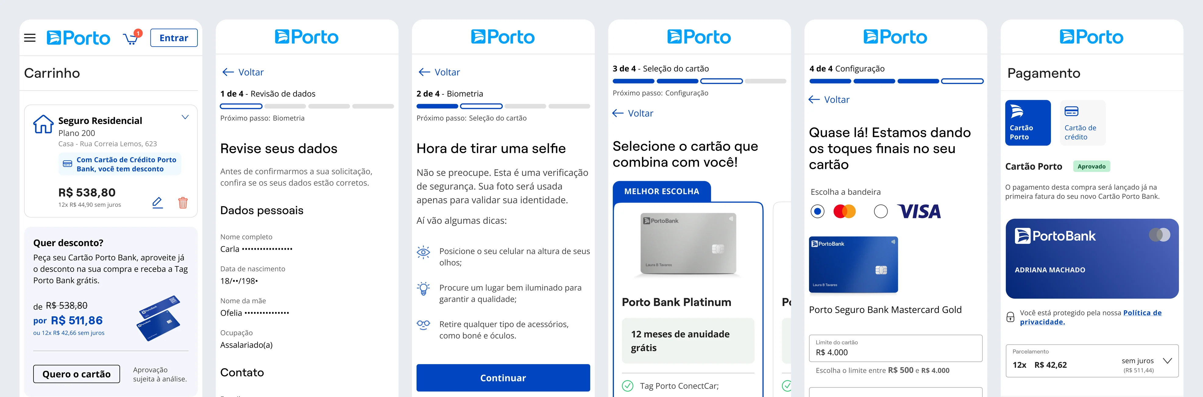 Seis telas mobile da primeira compra: carrinho com oferta do cartão, revisão de dados, biometria, seleção do cartão, configuração e pagamento